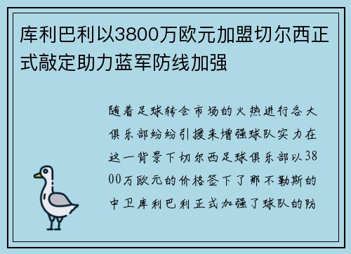 库利巴利以3800万欧元加盟切尔西正式敲定助力蓝军防线加强 库利巴利以3800万欧元加盟切尔西正式敲定助力蓝军防线加强