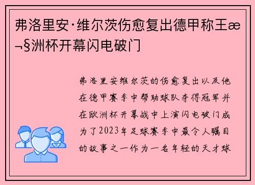 弗洛里安·维尔茨伤愈复出德甲称王欧洲杯开幕闪电破门